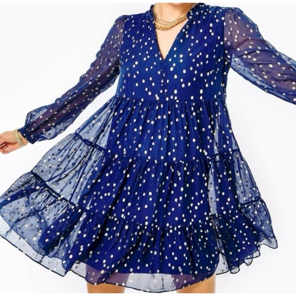 Lilly Pulitzer Sarita Silk Dress High Tide Navy Gold Metallic Silk Clip 14